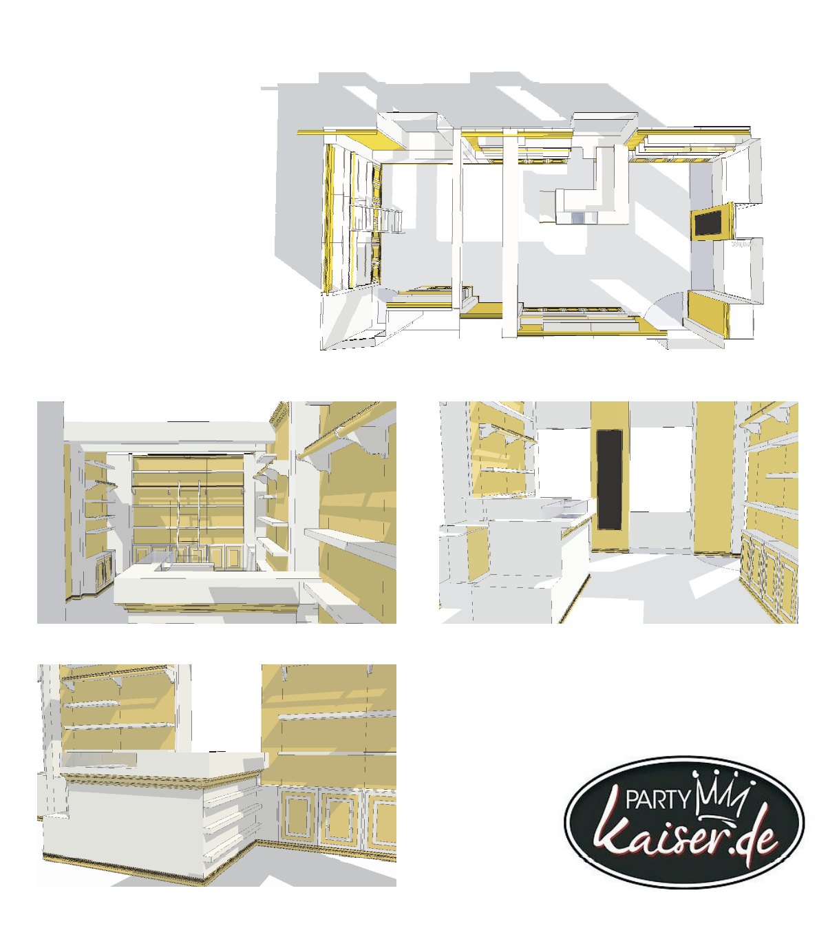 3D-Ansichten des Stores in Weiß und Gold