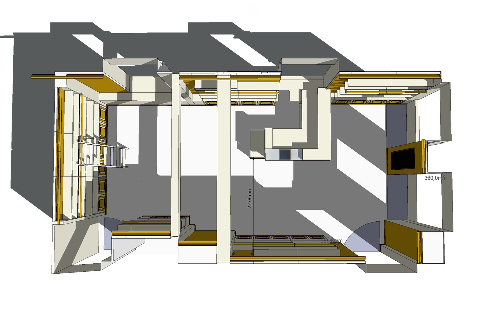 3D-Draufsicht auf den gesamten Ladenraum mit Wandsystem und Theke