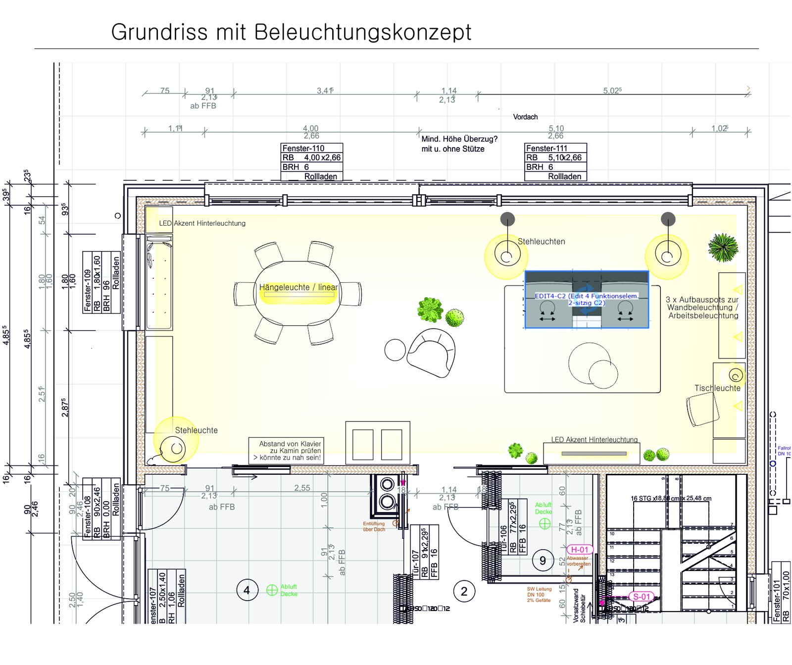 Grundriss mit Maßen und Beleuchtungskonzept für die einzelnen Zonen