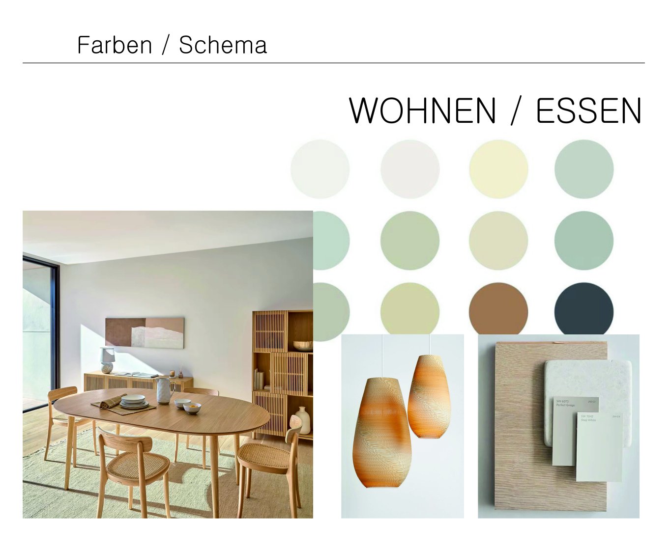 Farbschema Wohnen und Essen mit Farbkreisen und Materialmustern
