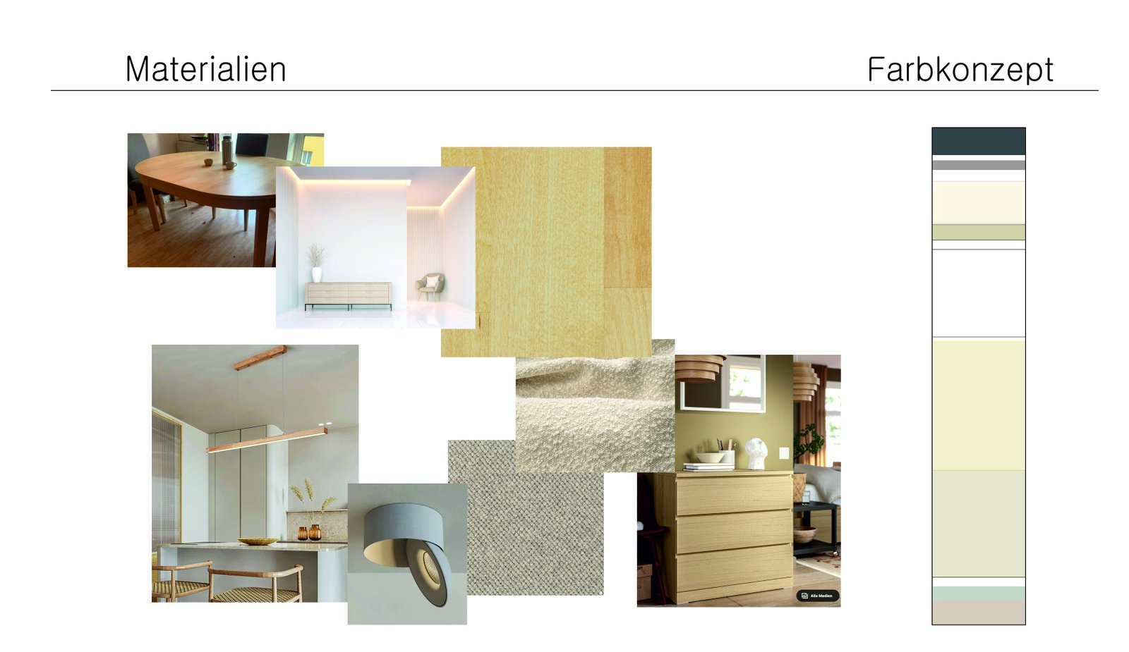 Materialien und Farbkonzept mit Holz, Textilien und Farbstreifen