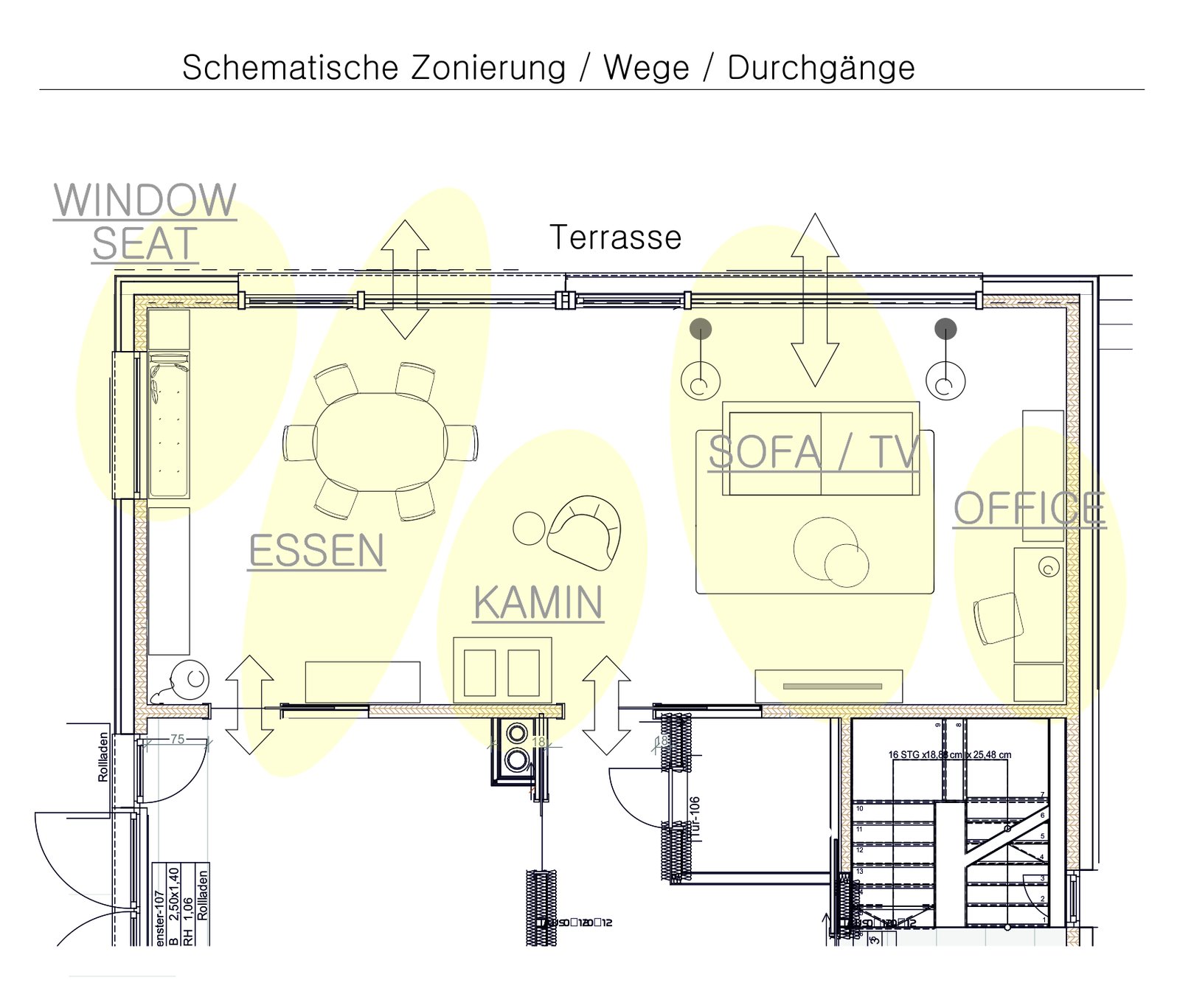 Schematische Zonierung des Raums mit Window Seat, Essen, Kamin, Sofa/TV und Office