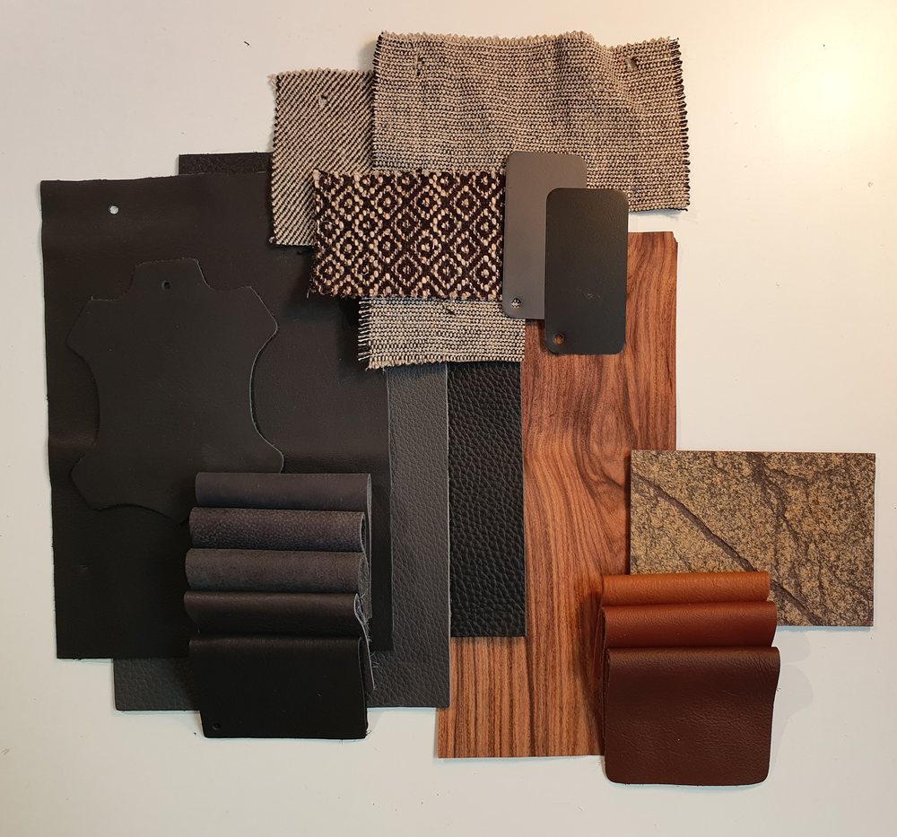 Ergänzendes Moodboard mit Leder, Holz und Textilien